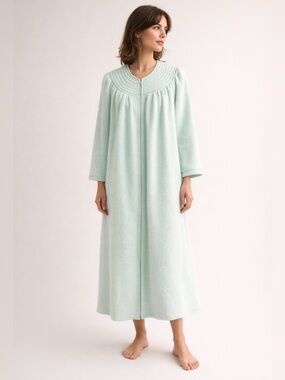 Vintage Pastel Mint Green Bouclé Housecoat Sculptural Collar Zip-Front Robe XL